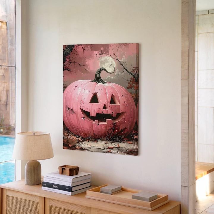 Pink Jack-O’-Lantern Canvas – Surreal Full Moon Halloween Wall Art - Gifitto
