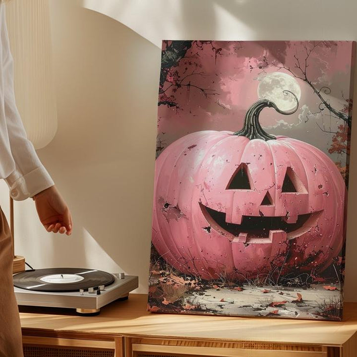 Pink Jack-O’-Lantern Canvas – Surreal Full Moon Halloween Wall Art - Gifitto