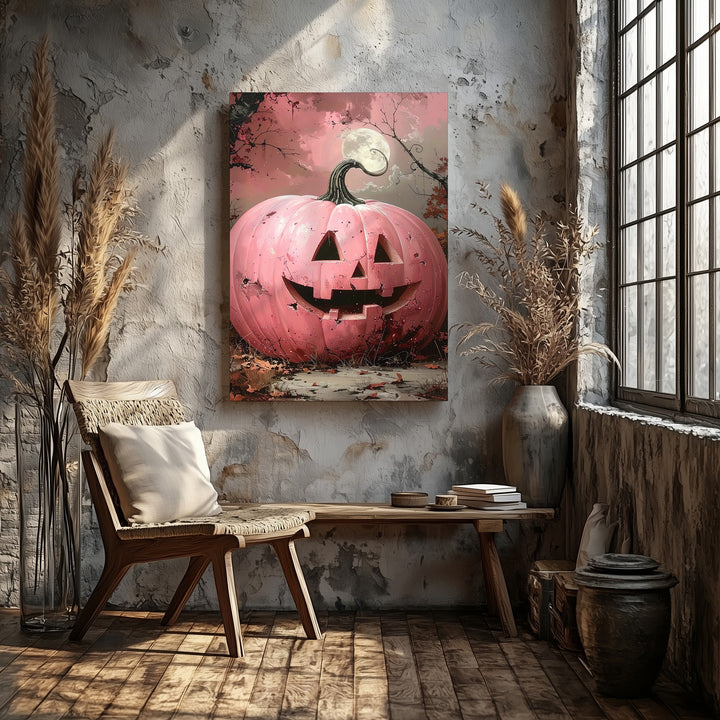 Pink Jack-O’-Lantern Canvas – Surreal Full Moon Halloween Wall Art - Gifitto