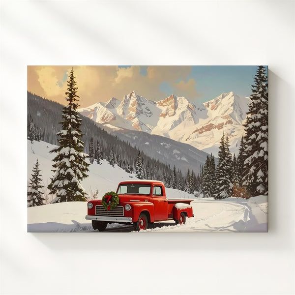 Red Vintage Truck Christmas Canvas – Rustic Winter Mountain Scene - Gifitto