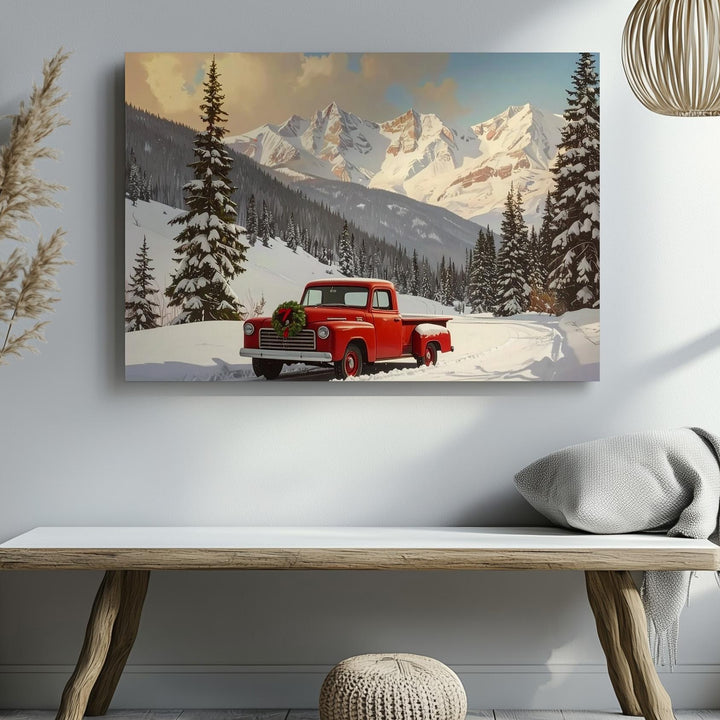 Red Vintage Truck Christmas Canvas – Rustic Winter Mountain Scene - Gifitto
