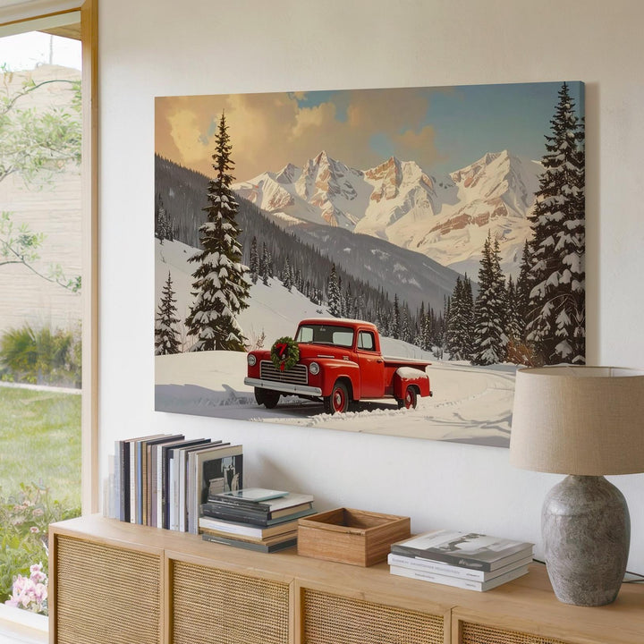 Red Vintage Truck Christmas Canvas – Rustic Winter Mountain Scene - Gifitto