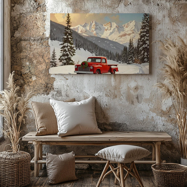 Red Vintage Truck Christmas Canvas – Rustic Winter Mountain Scene - Gifitto