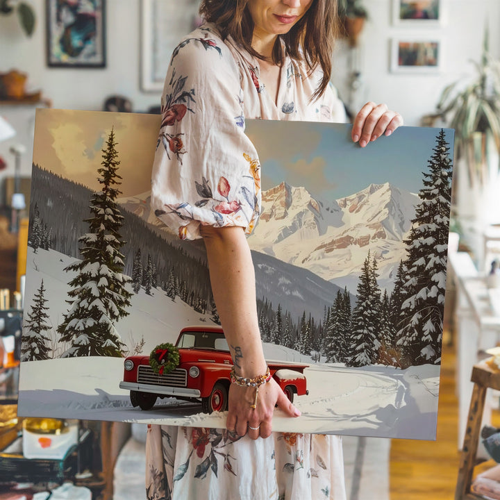 Red Vintage Truck Christmas Canvas – Rustic Winter Mountain Scene - Gifitto