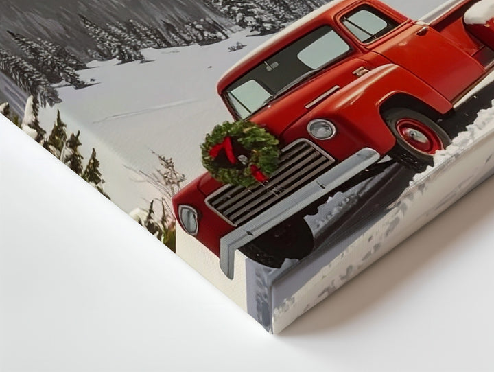 Red Vintage Truck Christmas Canvas – Rustic Winter Mountain Scene - Gifitto