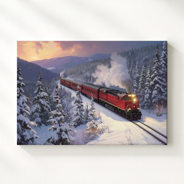 Holiday Red Train Canvas – Nostalgic Winter Journey Through Snowy Pines - Gifitto
