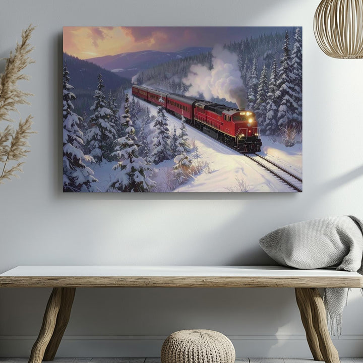 Holiday Red Train Canvas – Nostalgic Winter Journey Through Snowy Pines - Gifitto