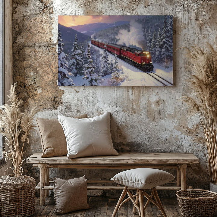 Holiday Red Train Canvas – Nostalgic Winter Journey Through Snowy Pines - Gifitto