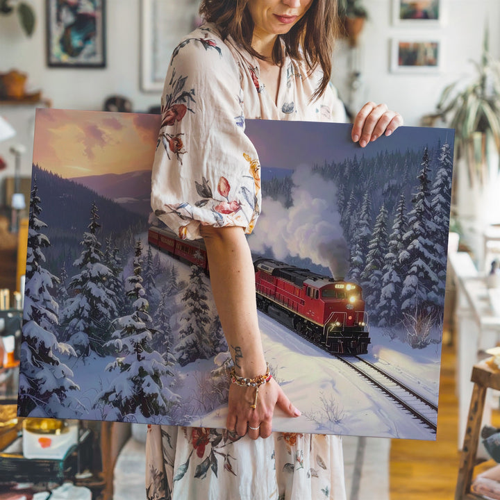 Holiday Red Train Canvas – Nostalgic Winter Journey Through Snowy Pines - Gifitto