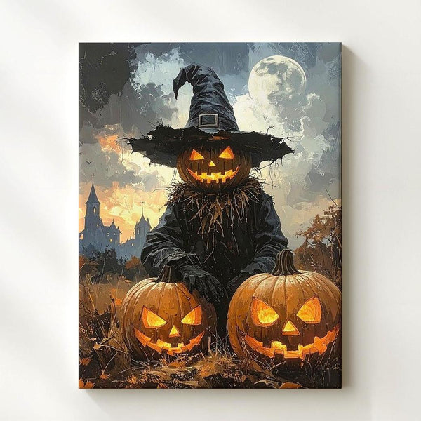 Halloween Scarecrow Guardian Canvas – Jack-O'-Lantern Trio & Haunted Castle Scene - Gifitto