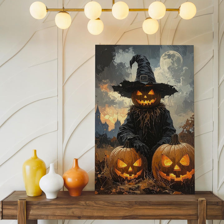 Halloween Scarecrow Guardian Canvas – Jack-O'-Lantern Trio & Haunted Castle Scene - Gifitto