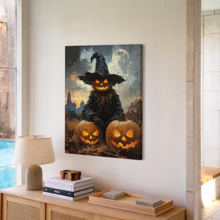 Halloween Scarecrow Guardian Canvas – Jack-O'-Lantern Trio & Haunted Castle Scene - Gifitto