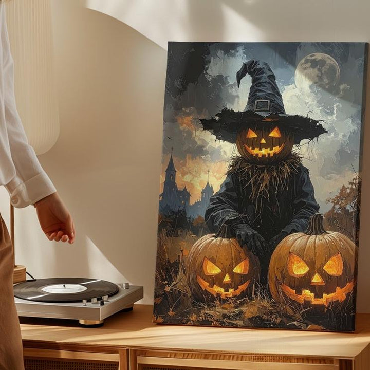 Halloween Scarecrow Guardian Canvas – Jack-O'-Lantern Trio & Haunted Castle Scene - Gifitto