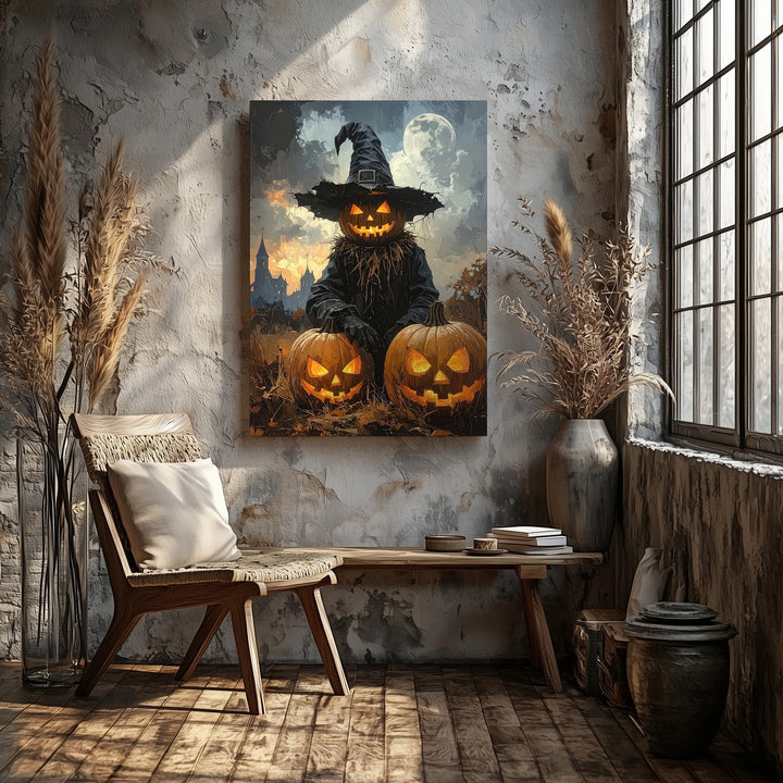 Halloween Scarecrow Guardian Canvas – Jack-O'-Lantern Trio & Haunted Castle Scene - Gifitto