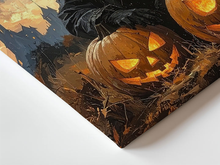 Halloween Scarecrow Guardian Canvas – Jack-O'-Lantern Trio & Haunted Castle Scene - Gifitto