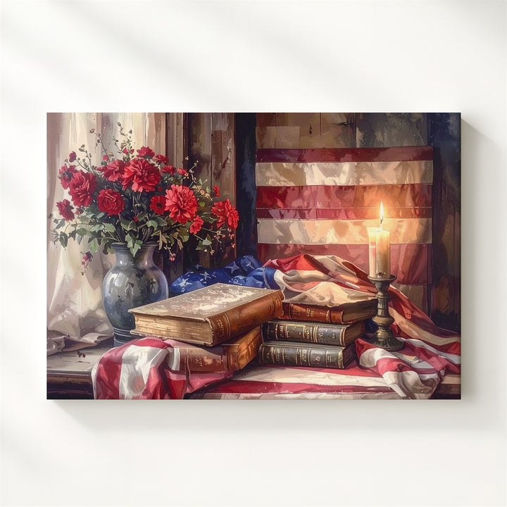 Patriotic Still Life Canvas – Flag, Books & Candlelight Americana Wall Art - Gifitto