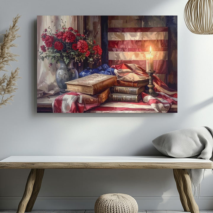 Patriotic Still Life Canvas – Flag, Books & Candlelight Americana Wall Art - Gifitto