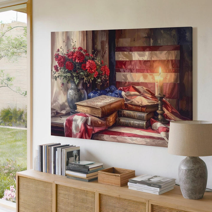 Patriotic Still Life Canvas – Flag, Books & Candlelight Americana Wall Art - Gifitto