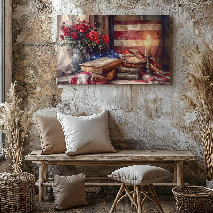 Patriotic Still Life Canvas – Flag, Books & Candlelight Americana Wall Art - Gifitto