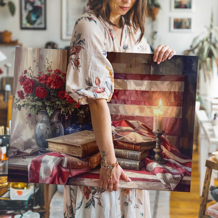 Patriotic Still Life Canvas – Flag, Books & Candlelight Americana Wall Art - Gifitto