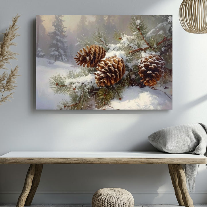 Snowy Pinecones Canvas – Rustic Fir Branches with Winter Detail - Gifitto