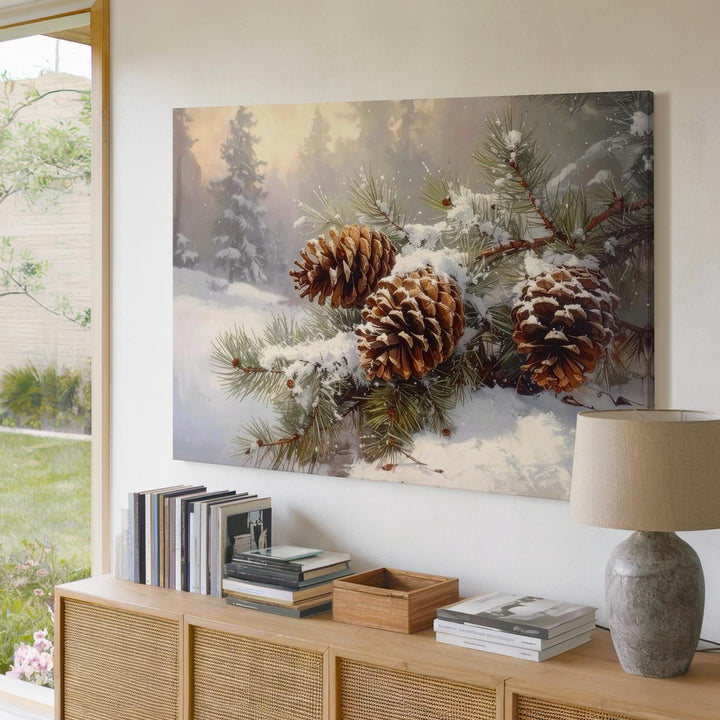 Snowy Pinecones Canvas – Rustic Fir Branches with Winter Detail - Gifitto
