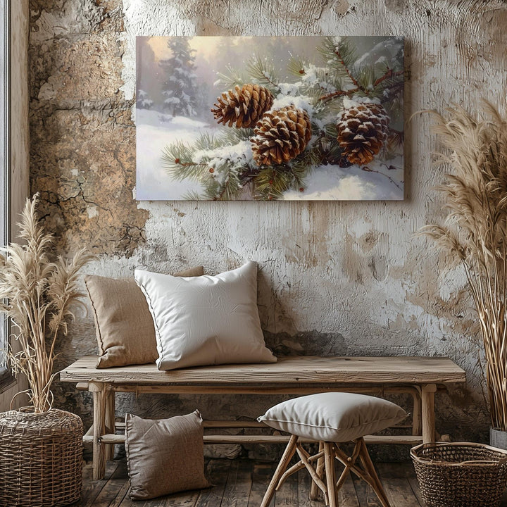 Snowy Pinecones Canvas – Rustic Fir Branches with Winter Detail - Gifitto