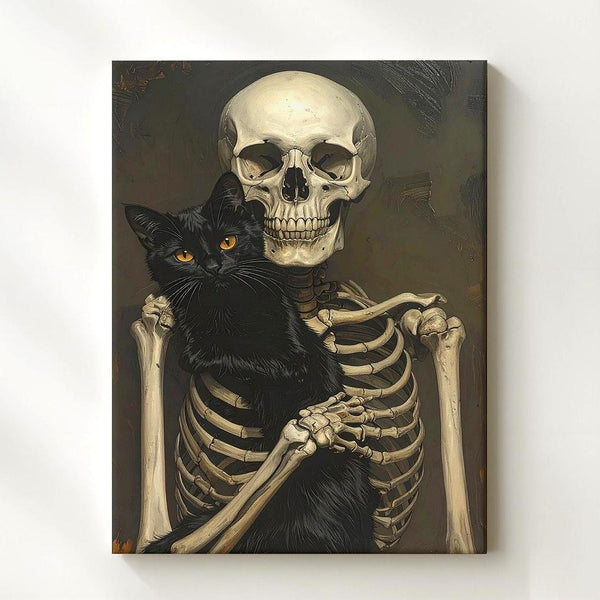 Tender Skeleton & Black Cat Canvas – Quiet Companionship & Halloween Warmth - Gifitto