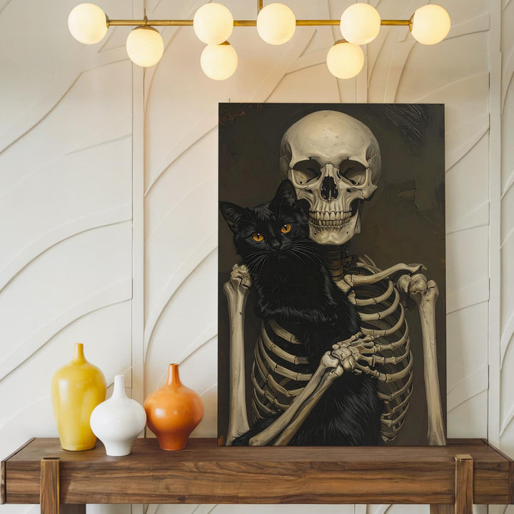 Tender Skeleton & Black Cat Canvas – Quiet Companionship & Halloween Warmth - Gifitto