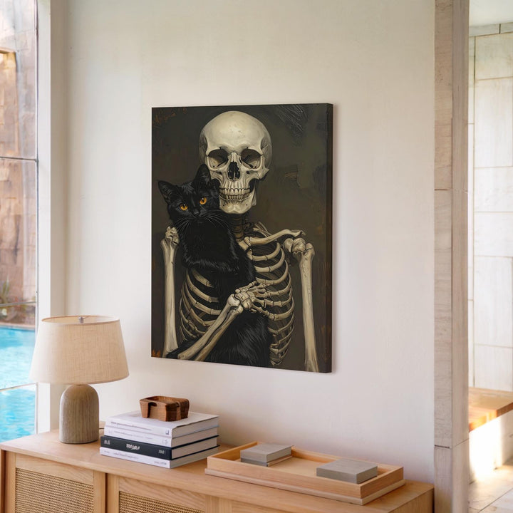 Tender Skeleton & Black Cat Canvas – Quiet Companionship & Halloween Warmth - Gifitto