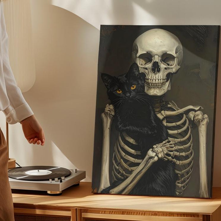 Tender Skeleton & Black Cat Canvas – Quiet Companionship & Halloween Warmth - Gifitto