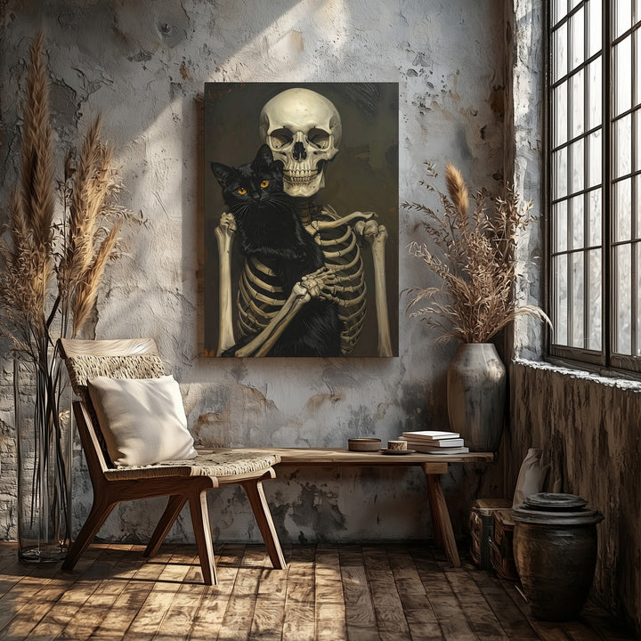Tender Skeleton & Black Cat Canvas – Quiet Companionship & Halloween Warmth - Gifitto