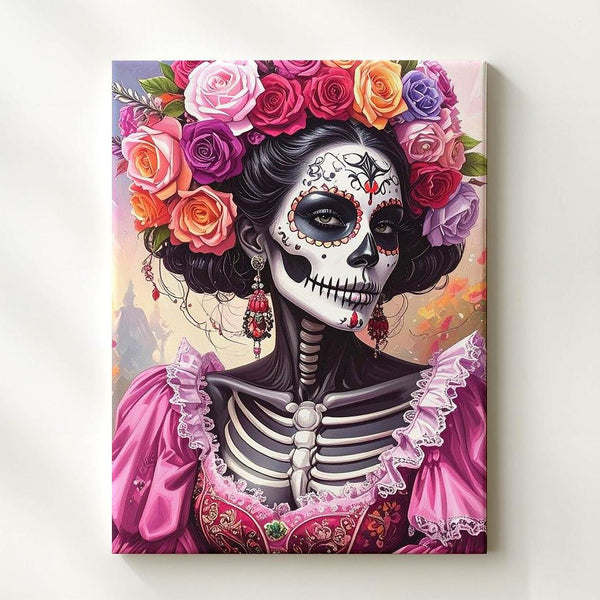 Día de los Muertos Skeleton Portrait Canvas – Floral Crown & Soft Halloween Elegance - Gifitto
