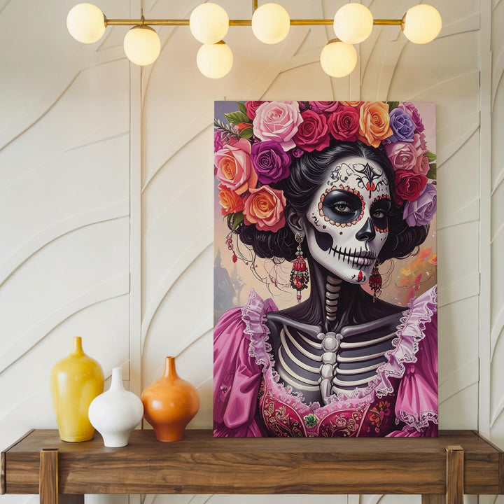 Día de los Muertos Skeleton Portrait Canvas – Floral Crown & Soft Halloween Elegance - Gifitto