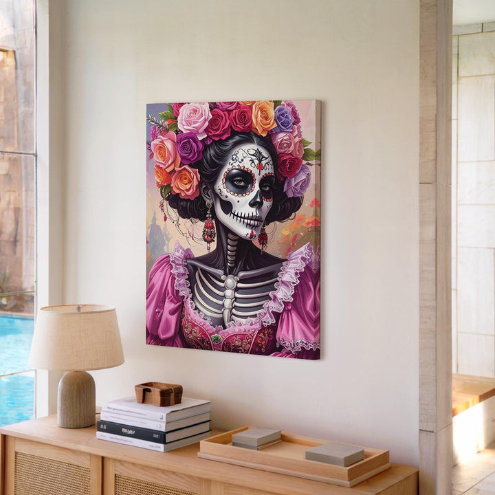 Día de los Muertos Skeleton Portrait Canvas – Floral Crown & Soft Halloween Elegance - Gifitto