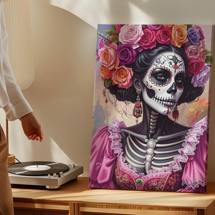 Día de los Muertos Skeleton Portrait Canvas – Floral Crown & Soft Halloween Elegance - Gifitto
