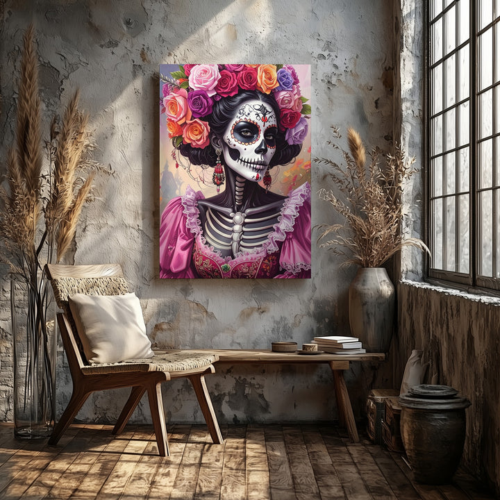 Día de los Muertos Skeleton Portrait Canvas – Floral Crown & Soft Halloween Elegance - Gifitto