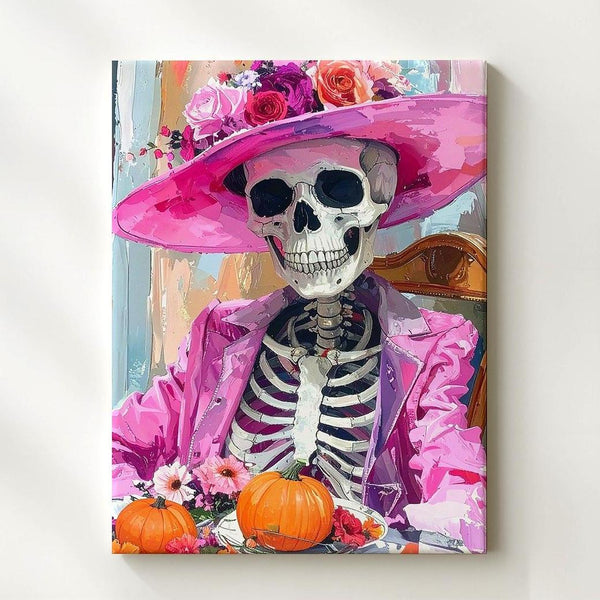 Smiling Skeleton Canvas – Pink Floral Hat & Pumpkin Table Art - Gifitto