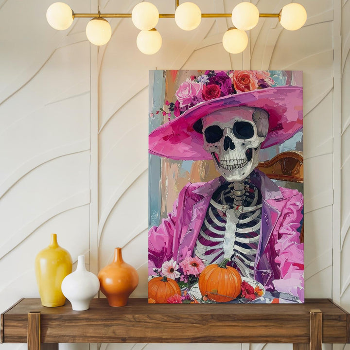 Smiling Skeleton Canvas – Pink Floral Hat & Pumpkin Table Art - Gifitto