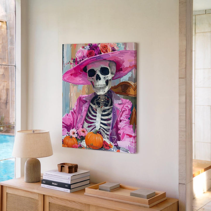 Smiling Skeleton Canvas – Pink Floral Hat & Pumpkin Table Art - Gifitto