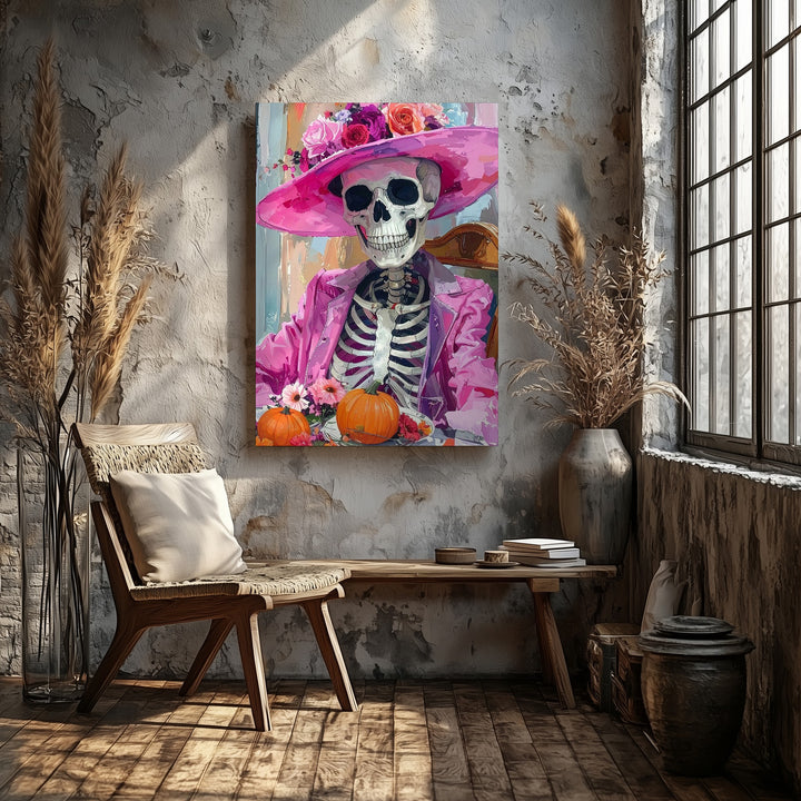 Smiling Skeleton Canvas – Pink Floral Hat & Pumpkin Table Art - Gifitto