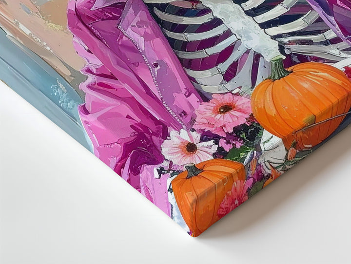 Smiling Skeleton Canvas – Pink Floral Hat & Pumpkin Table Art - Gifitto