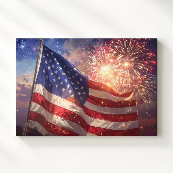 American Flag & Fireworks Canvas – Patriotic Night Celebration Wall Art - Gifitto