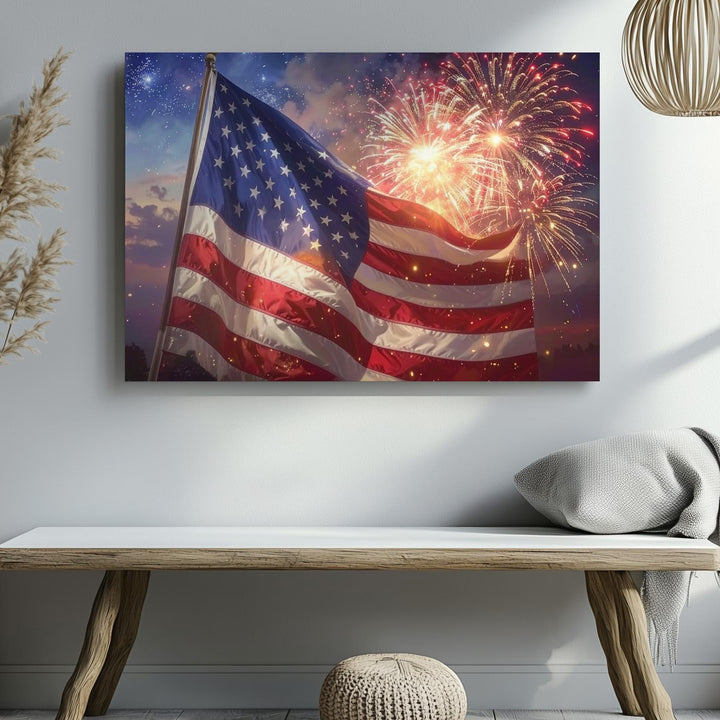American Flag & Fireworks Canvas – Patriotic Night Celebration Wall Art - Gifitto