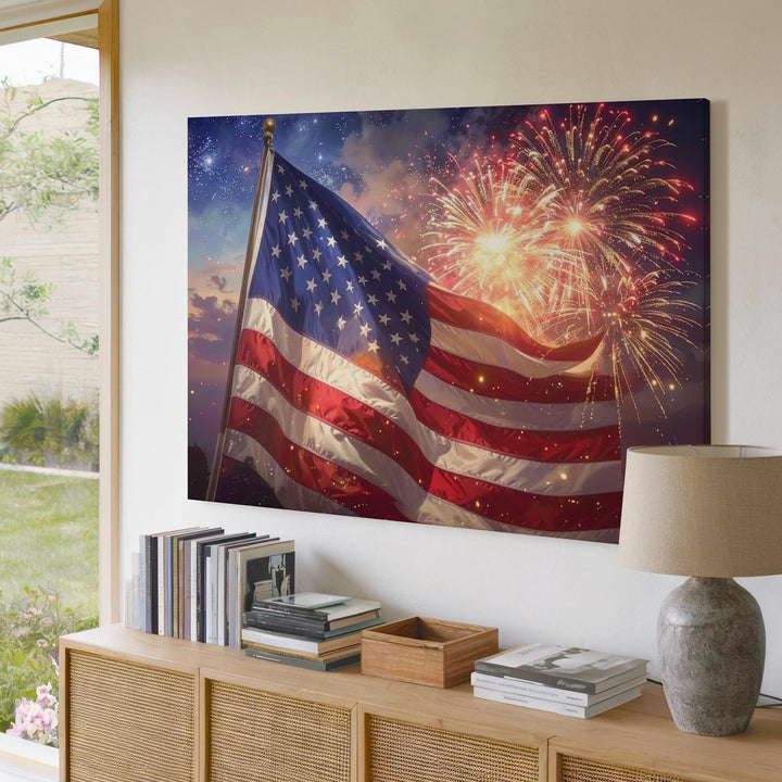 American Flag & Fireworks Canvas – Patriotic Night Celebration Wall Art - Gifitto