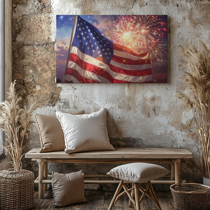 American Flag & Fireworks Canvas – Patriotic Night Celebration Wall Art - Gifitto