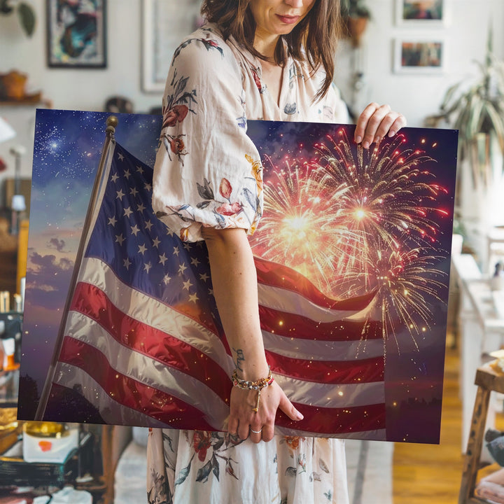 American Flag & Fireworks Canvas – Patriotic Night Celebration Wall Art - Gifitto