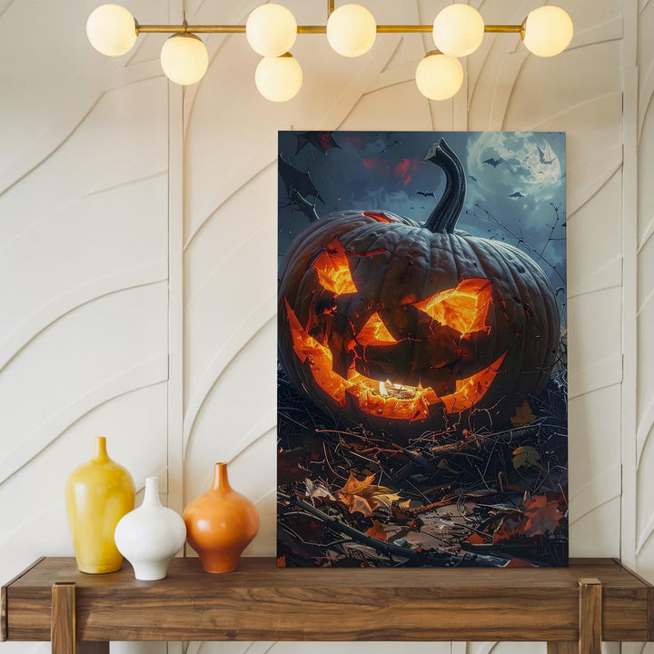 Sinister Jack-o’-Lantern Canvas – Fiery Halloween Nightmare Pumpkin Art - Gifitto