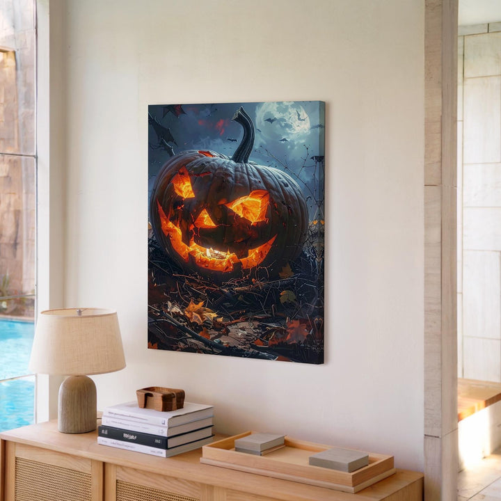 Sinister Jack-o’-Lantern Canvas – Fiery Halloween Nightmare Pumpkin Art - Gifitto