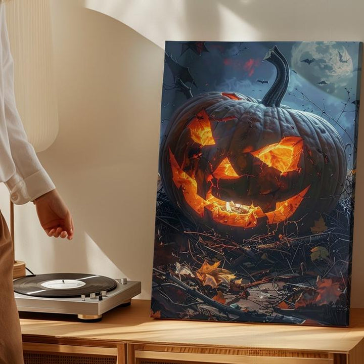 Sinister Jack-o’-Lantern Canvas – Fiery Halloween Nightmare Pumpkin Art - Gifitto